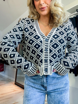 Aztec Diamond Button Up Crop Cardigan