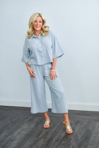 Bird Song Cuffed Boxy Oversized Shirt (Cloud Blue) - Sadie & Sage