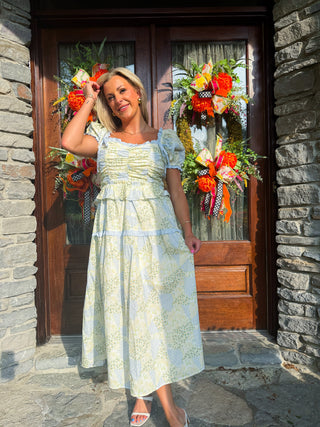 (MEDIUM + LARGE) Floral Pleated Bodice Midi Dress With Ruffle Trim