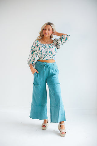 MINERAL WASHED TERRY KNIT PANTS (TEAL)