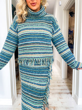 FRINGE TURTLE NECK SWEATER (BLUE/MULTI)