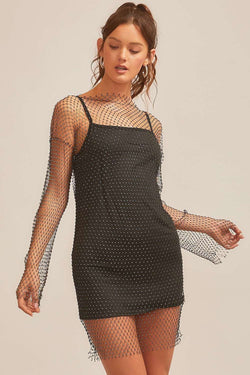 Fishnet With Rhinestone Sexy Mini Dress (Black)
