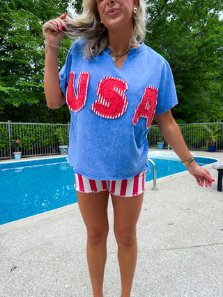 Mineral Washed Usa Patched Knit Top (BLUE)