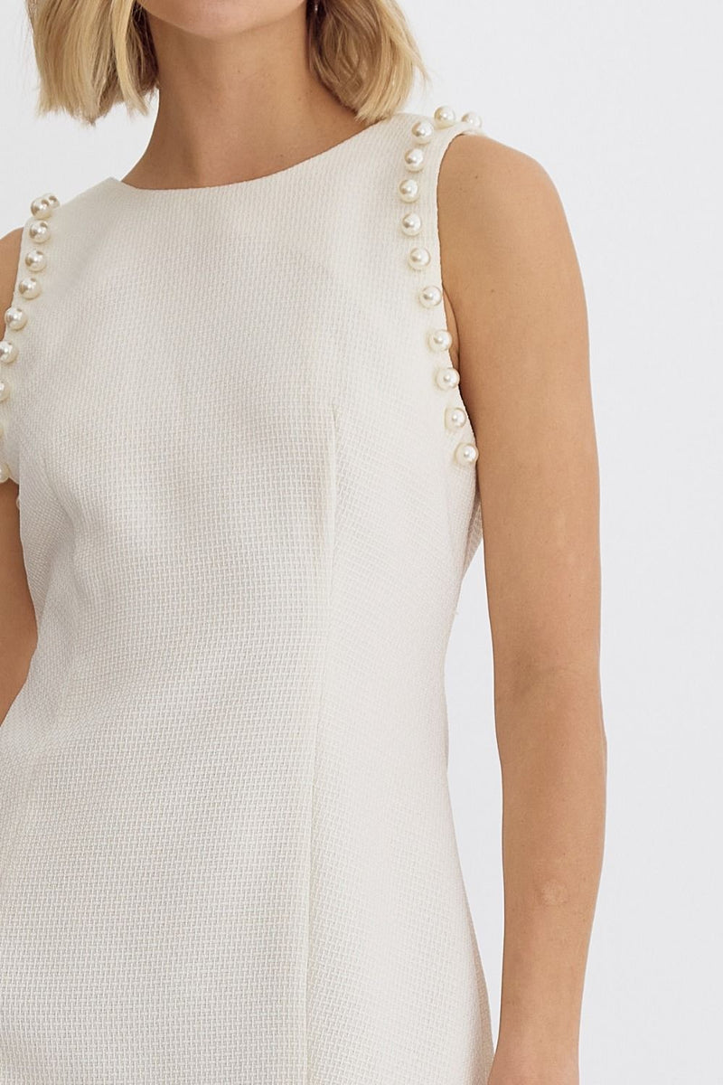 Pearl-fecion Round Neck Mini Dress (Cream)