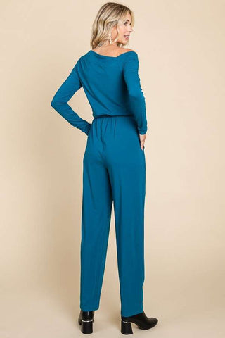 Asymmetry Neck Solid Jumpsuit (TEAL)