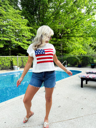 American Flag Open Stitch Sweater Top (WHITE)