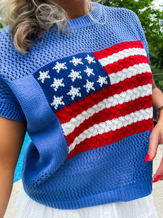 American Flag Open Stitch Sweater Top (BLUE)