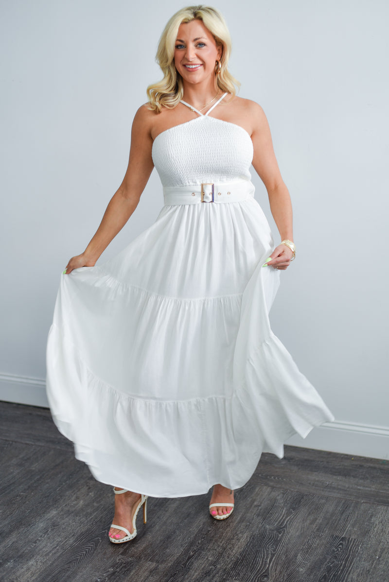 Smocked Halter Maxi Dress with Belt  (White)