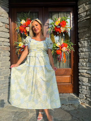 (MEDIUM + LARGE) Floral Pleated Bodice Midi Dress With Ruffle Trim