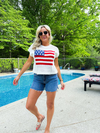 American Flag Open Stitch Sweater Top (WHITE)