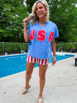Mineral Washed Usa Patched Knit Top (BLUE)