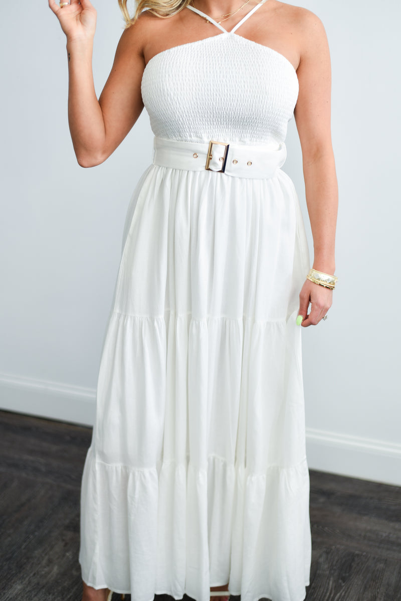 Smocked Halter Maxi Dress with Belt  (White)