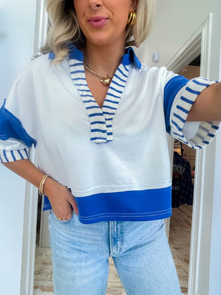 STRIPE FRENCH TERRY CROP POLO SHIRT TOP