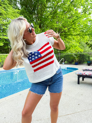 American Flag Open Stitch Sweater Top (WHITE)
