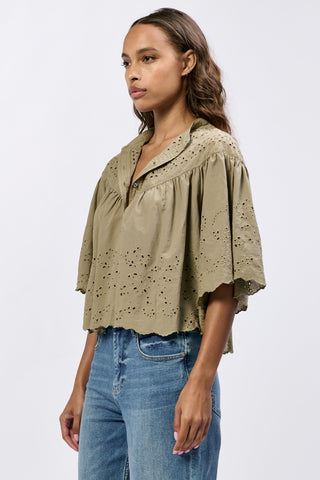 ELODIA NOVELTY TOP OLIVE BRANCH EMBROIDERY