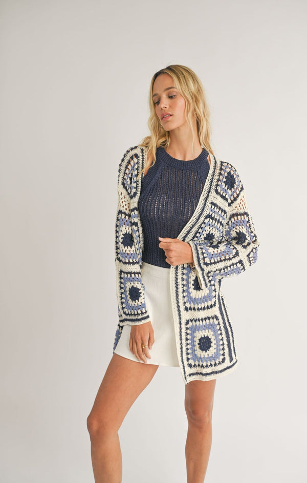 Donna Crochet Squares Sweater Cardigan (Navy)  - SADIE SAGE