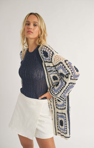 Donna Crochet Squares Sweater Cardigan (Navy)  - SADIE SAGE