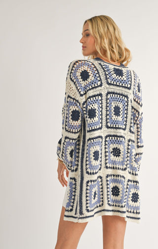 Donna Crochet Squares Sweater Cardigan (Navy)  - SADIE SAGE