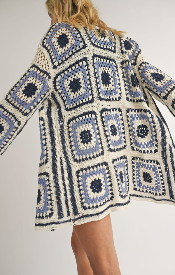 Donna Crochet Squares Sweater Cardigan (Navy)  - SADIE SAGE