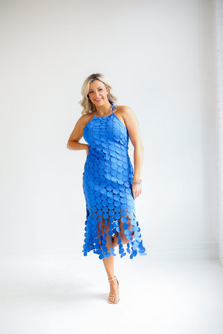 Circle Fringe Crochet flocking Midi Dress (Royal Blue)