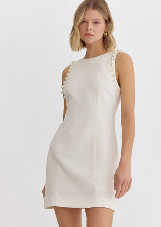 Pearl-fecion Round Neck Mini Dress (Cream)