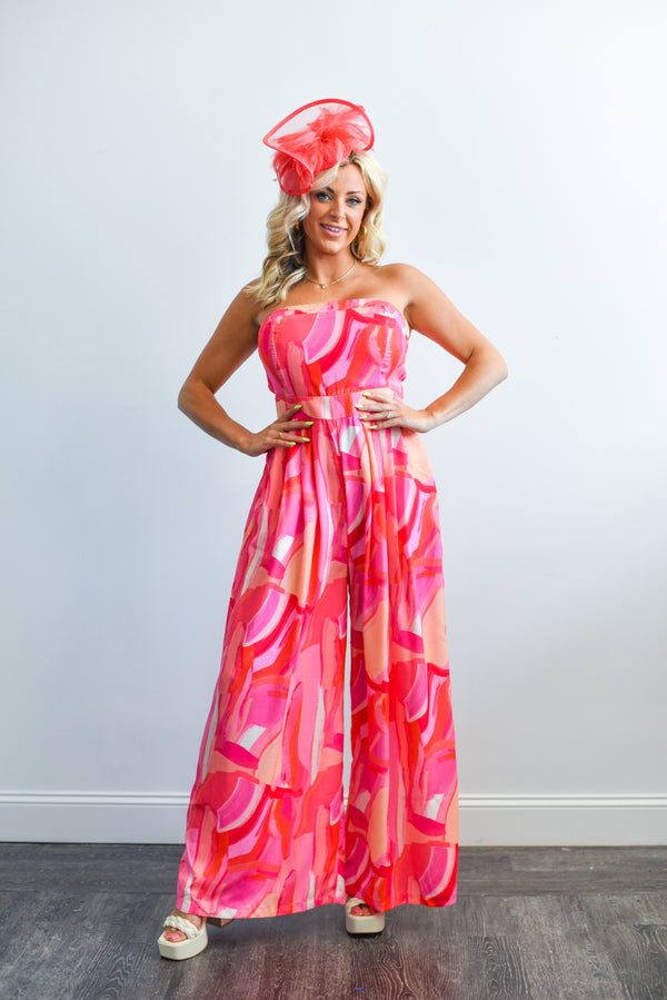 Printed Woven Strapless (Fuchsia) Jumpsuit