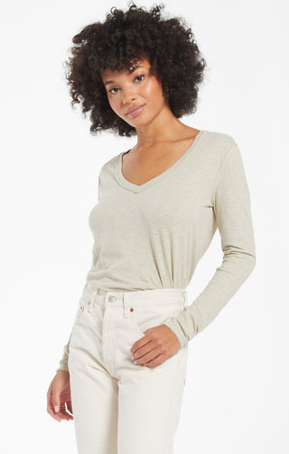 Z Supply Long Sleeve "Kira" V-Neck Knit Top | Celery