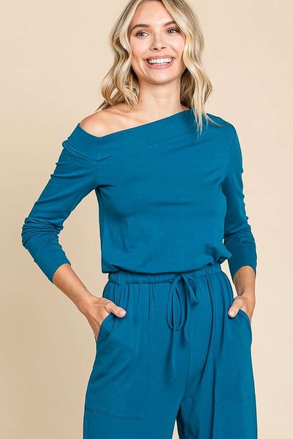 Asymmetry Neck Solid Jumpsuit (TEAL)