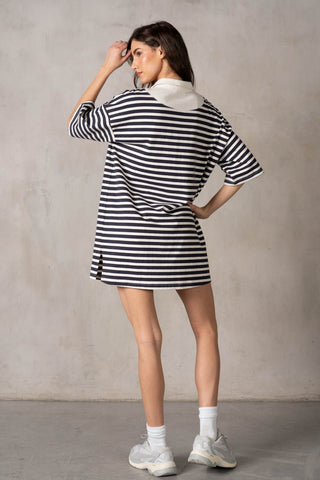 Yarn-dye Stripe Ss Collared Half Btn-up Boxy Dress