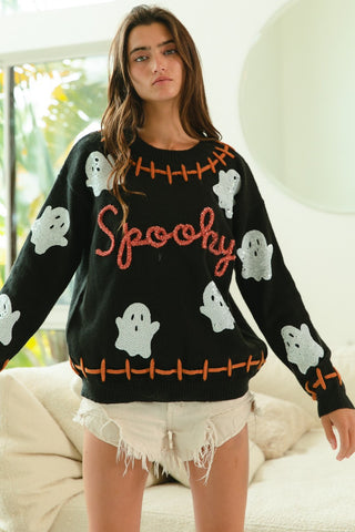 STITCH DETAIL SEQUIN GHOST SPOOKY SWEATER