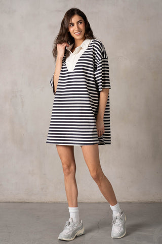 Yarn-dye Stripe Ss Collared Half Btn-up Boxy Dress