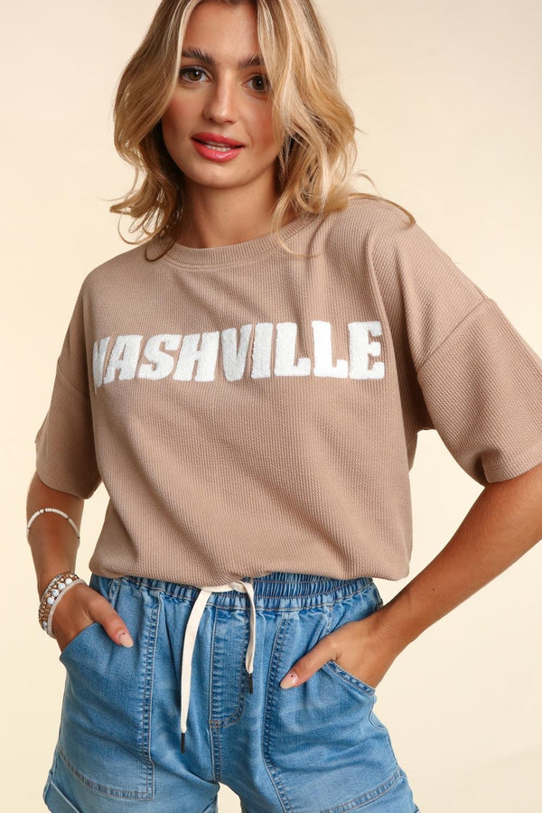 PUFFY POP UP LETTER OVERSIZED RIB KNIT TOP