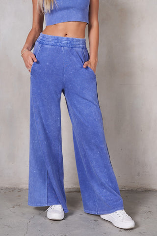 Mineral Wash Halter Neck Crop Top And Pants Sets (VINTAGE BLUE)