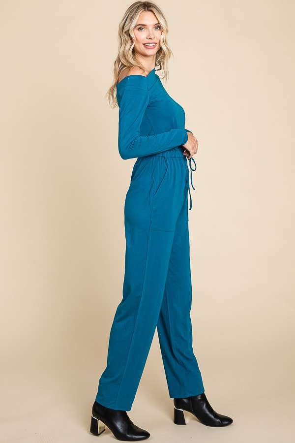 Asymmetry Neck Solid Jumpsuit (TEAL)
