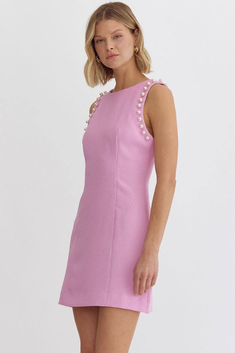Pearl-fecion Round Neck Mini Dress (Pink)