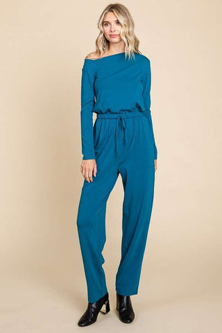 Asymmetry Neck Solid Jumpsuit (TEAL)