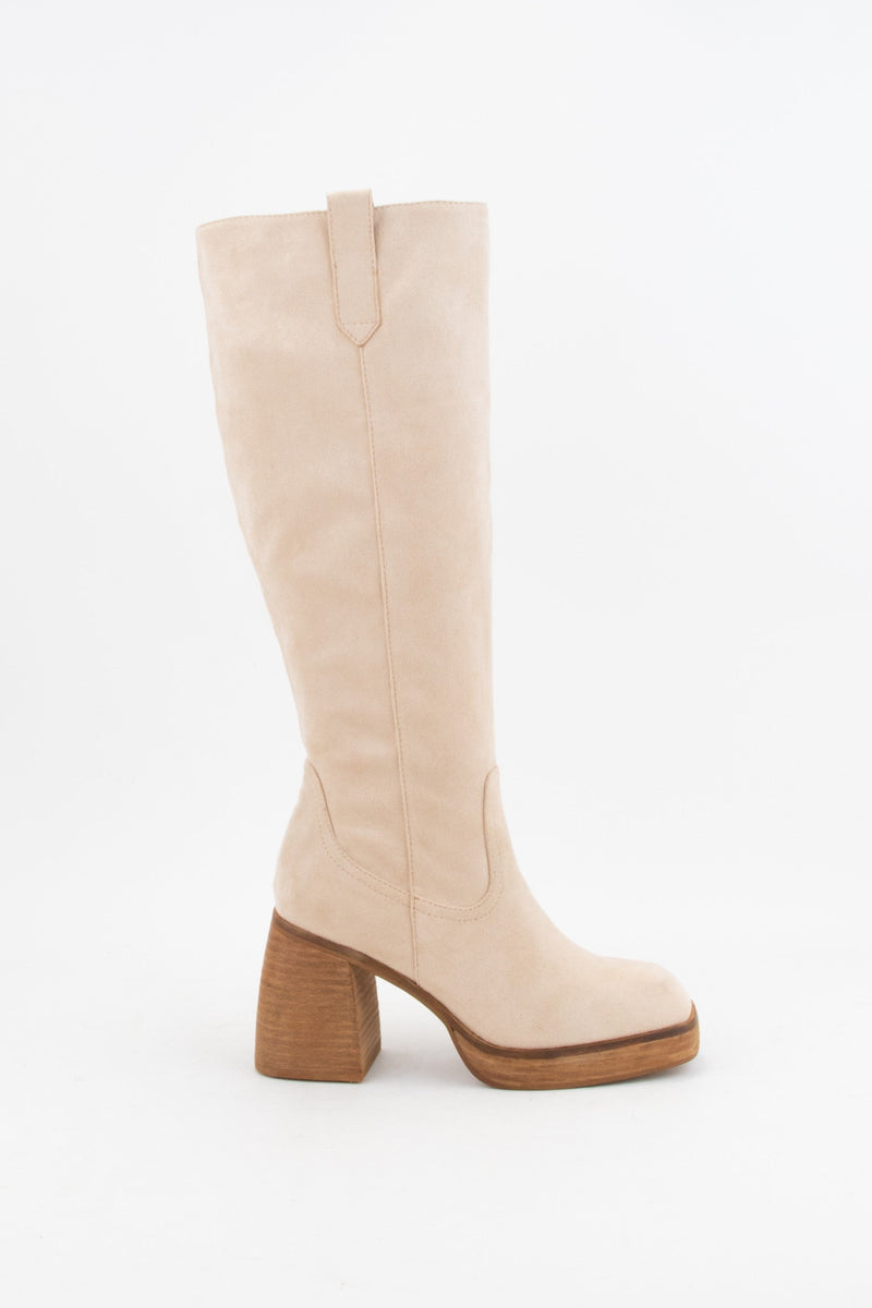 SEMI-SQUARE TOE CHUBBY CURVED HEEL TALL BOOTS (BEIGE)