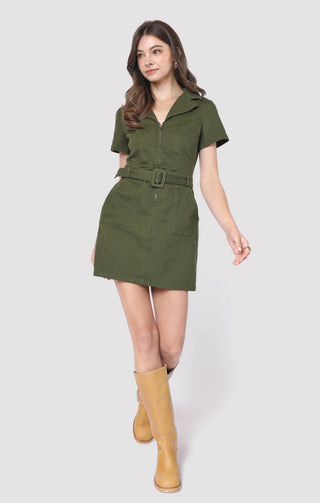 CLEAR EYES ZIP UP MINI DRESS W BELT
