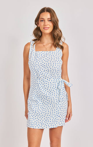 TIDEPOOL WRAP OVER MINI DRESS (WHITE/BLUE) - SADIE & SAGE