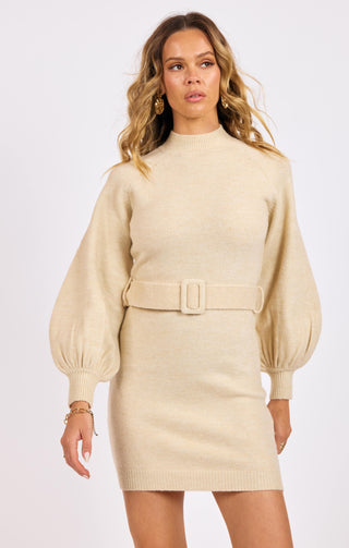 MAEVE BELTED LONG SLEEVE SWEATER DRESS - SAGE THE LABEL