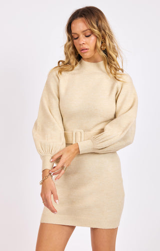 MAEVE BELTED LONG SLEEVE SWEATER DRESS - SAGE THE LABEL