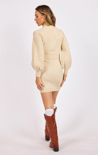 MAEVE BELTED LONG SLEEVE SWEATER DRESS - SAGE THE LABEL