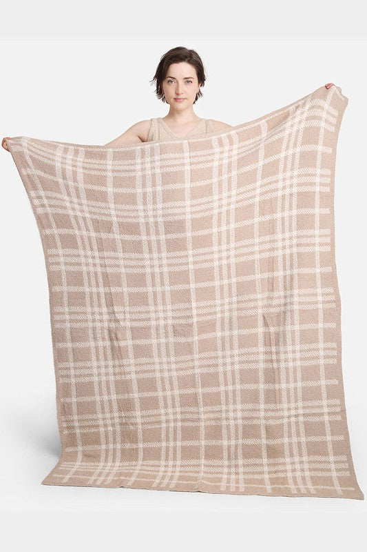 Plaid Check Patterned Soft Throw Blanket (Beige)