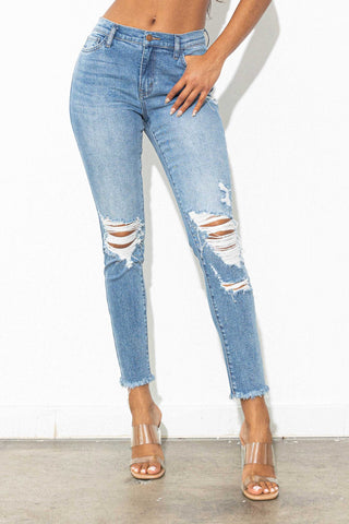 MID RISE DISTRESSED SKINNY JEANS