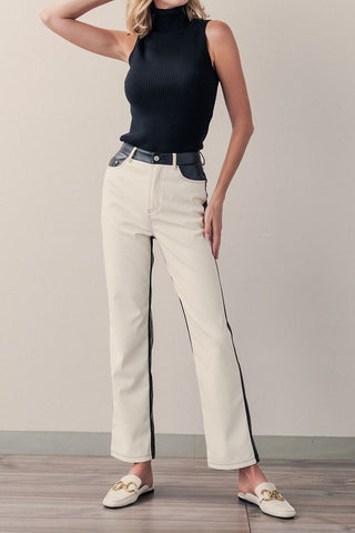 TWO TONE COLOR BLOCK FRONT AND BACK LEATHER PANTS