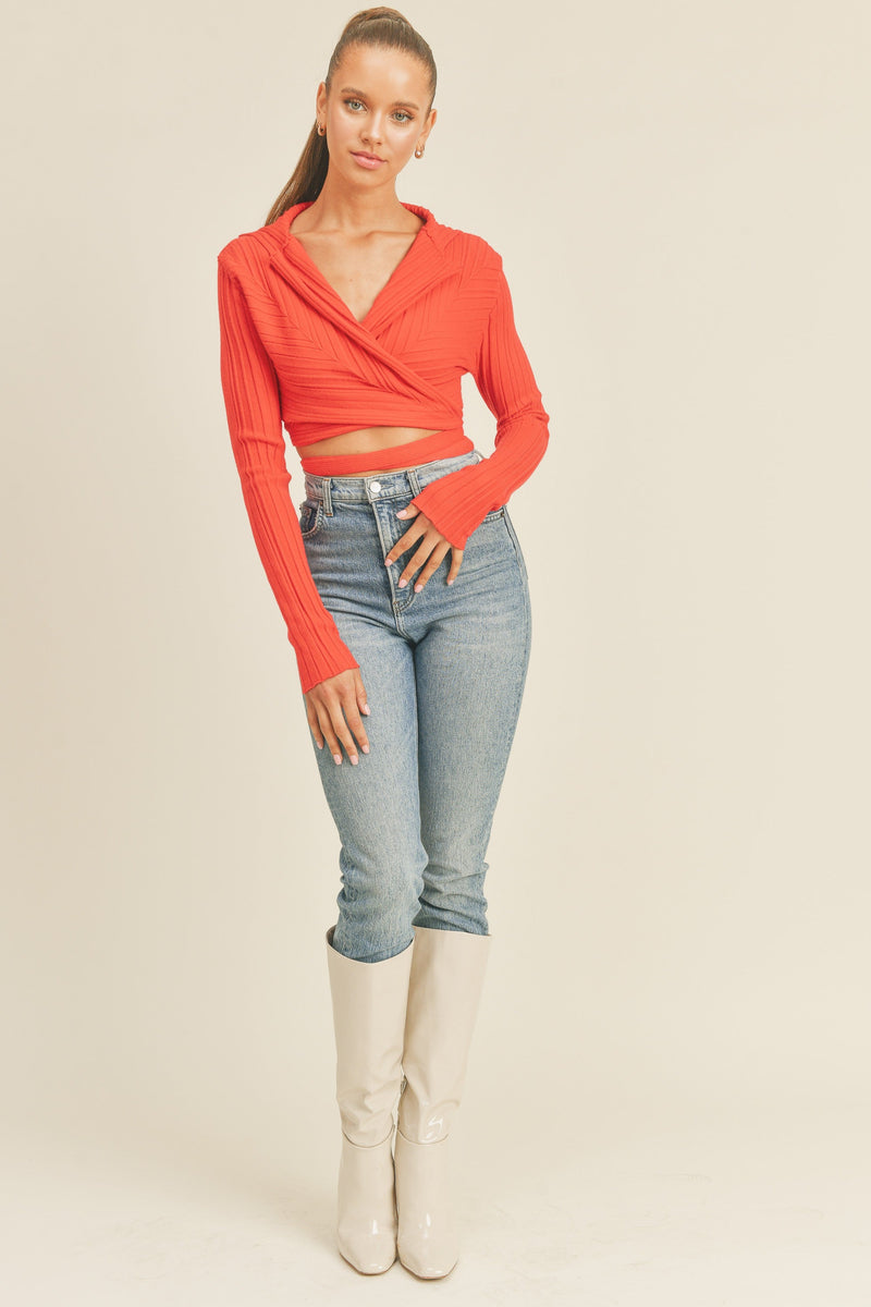 LONG SLEEVE SWEATER KNIT WRAP CROP TOP IN RED