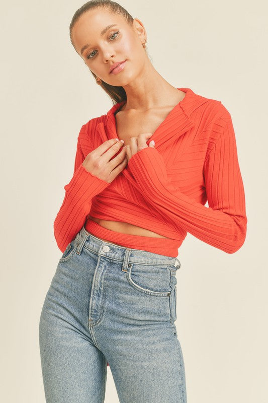 LONG SLEEVE SWEATER KNIT WRAP CROP TOP IN RED