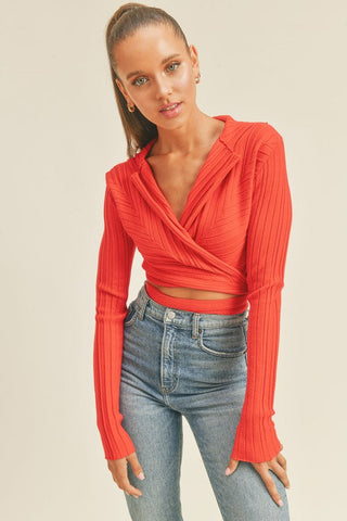 LONG SLEEVE SWEATER KNIT WRAP CROP TOP IN RED