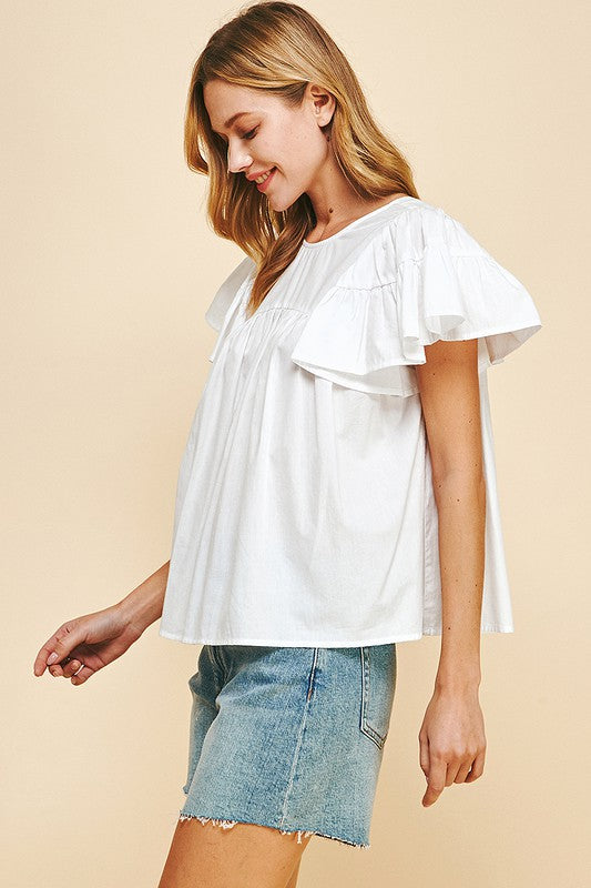 FLUTTER SLEEVES WOVEN TOP IN WHITE