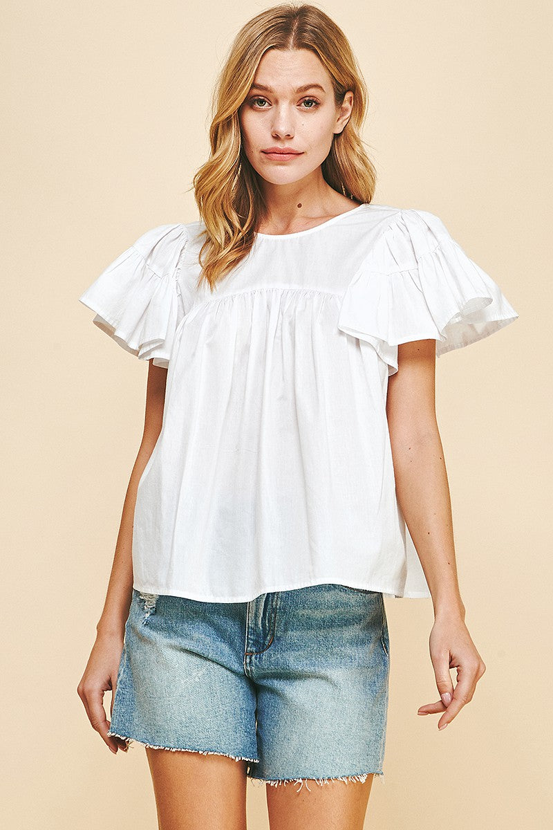 FLUTTER SLEEVES WOVEN TOP IN WHITE